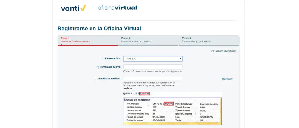 Registrarse en la oficina virtual de Vanti para descargar el duplicado de la factura de Gas Natural Vanti por internet