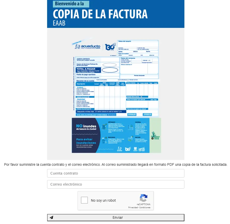 Duplicado de Factura de Acueducto de Bogotá con cuenta contrato