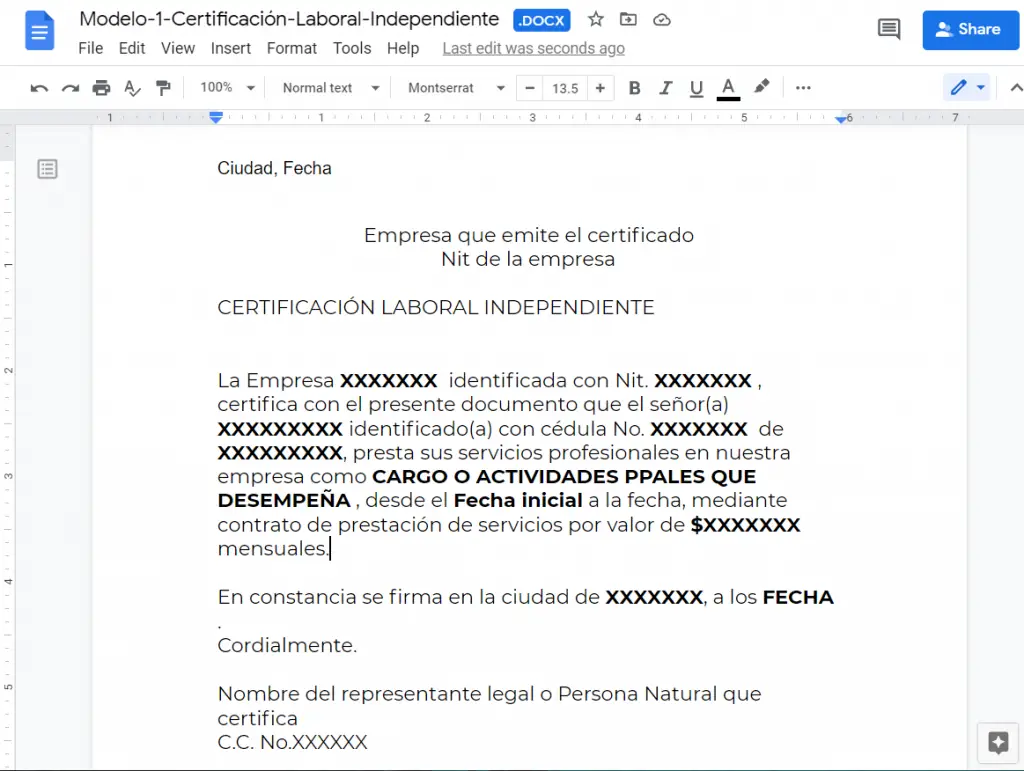 Formato editable de Certificación Laboral independiente